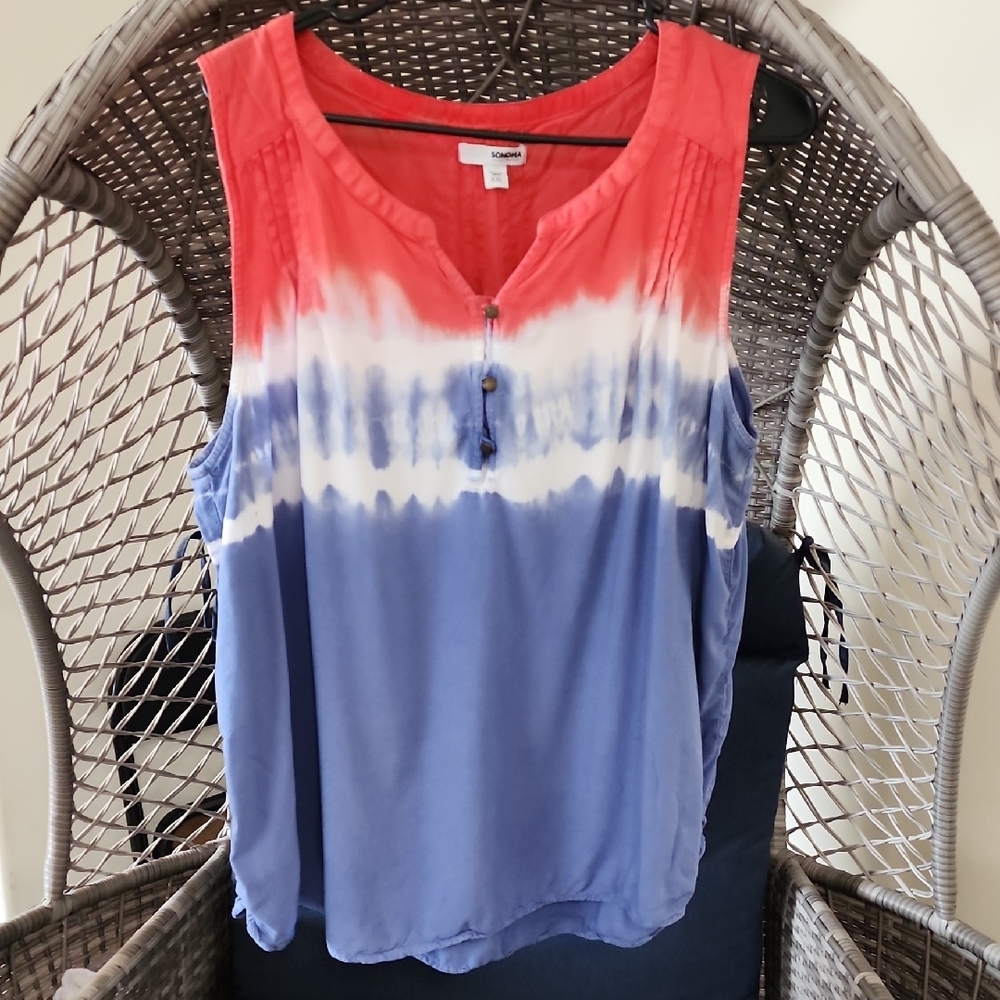 Sonoma Red and Blue Smocked Sleeveless Tank Top